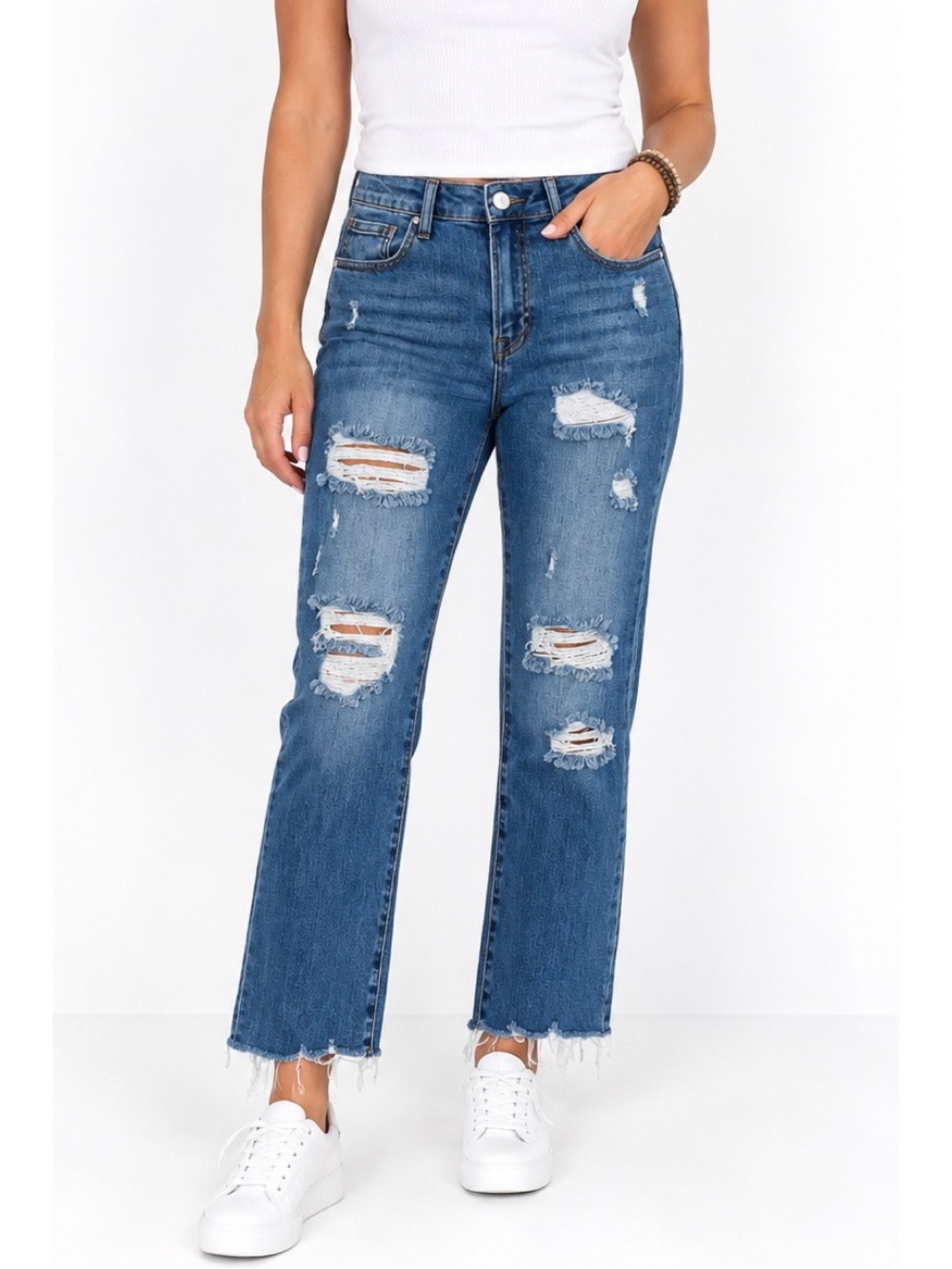 Risen Jeans Mid Rise Distressed Straight Denim Jeans, size 7/28